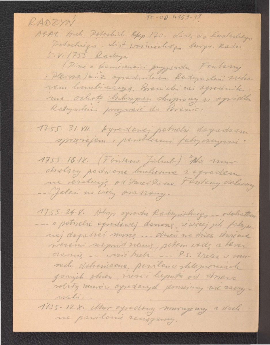 wypis z AGAD Arciwum Potockich: Listy do małżonki Eustachego Potockiego nr 170 zawierający fragmenty listów z lat 1754-1755 dotyczący prac przy miejscowym zespole pałacowo-ogrodowym; osiem kart , skan 3