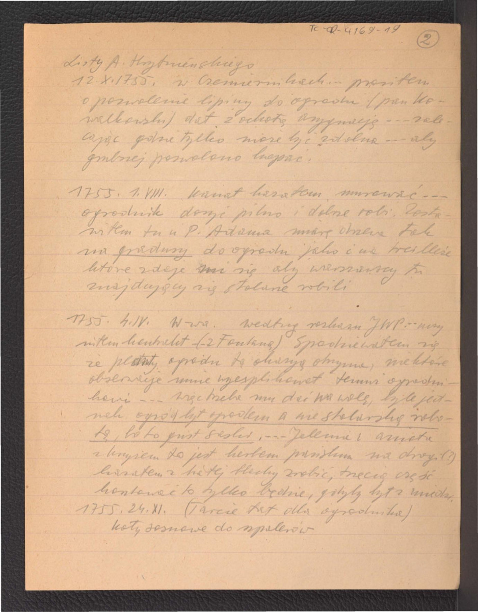 wypis z AGAD Arciwum Potockich: Listy do małżonki Eustachego Potockiego nr 170 zawierający fragmenty listów z lat 1754-1755 dotyczący prac przy miejscowym zespole pałacowo-ogrodowym; osiem kart , skan 4