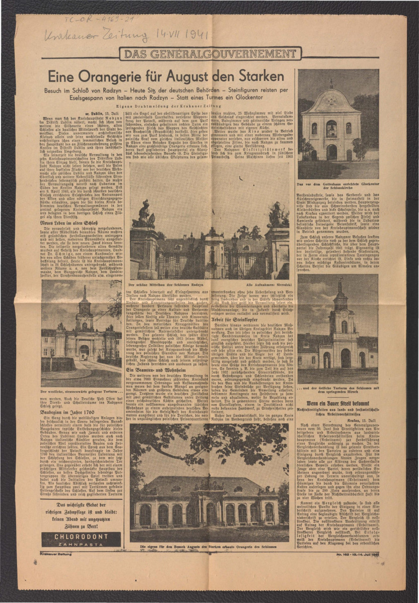 karta z niemieckojęzycznego czasopisma „Krakauer Zeitung” z 14 lipca 1941 r. zawier. artykuł pt. Eine Orangerie für August den Starten (Oranżeria dla Augusta Mocnego) dotyczący zespołu pałacowo-ogrodowego w tej miejscowości , skan 1