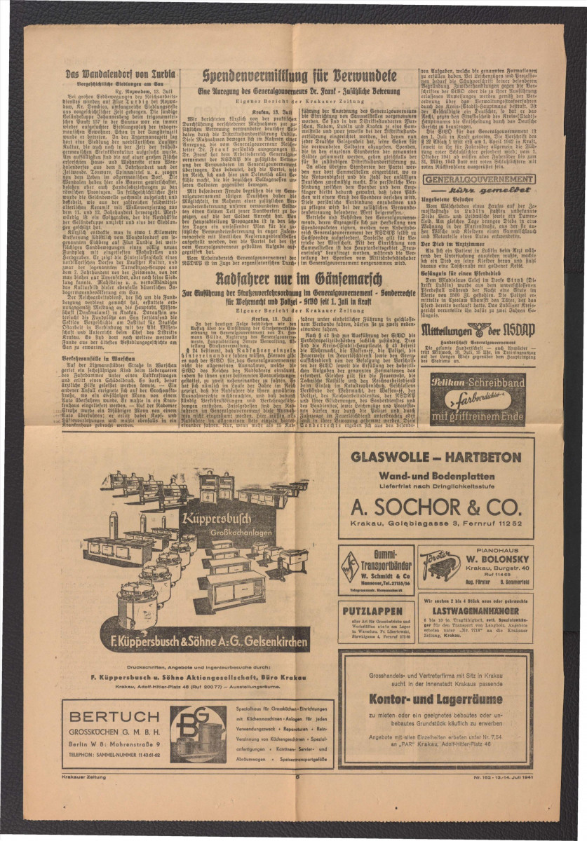 karta z niemieckojęzycznego czasopisma „Krakauer Zeitung” z 14 lipca 1941 r. zawier. artykuł pt. Eine Orangerie für August den Starten (Oranżeria dla Augusta Mocnego) dotyczący zespołu pałacowo-ogrodowego w tej miejscowości , skan 2