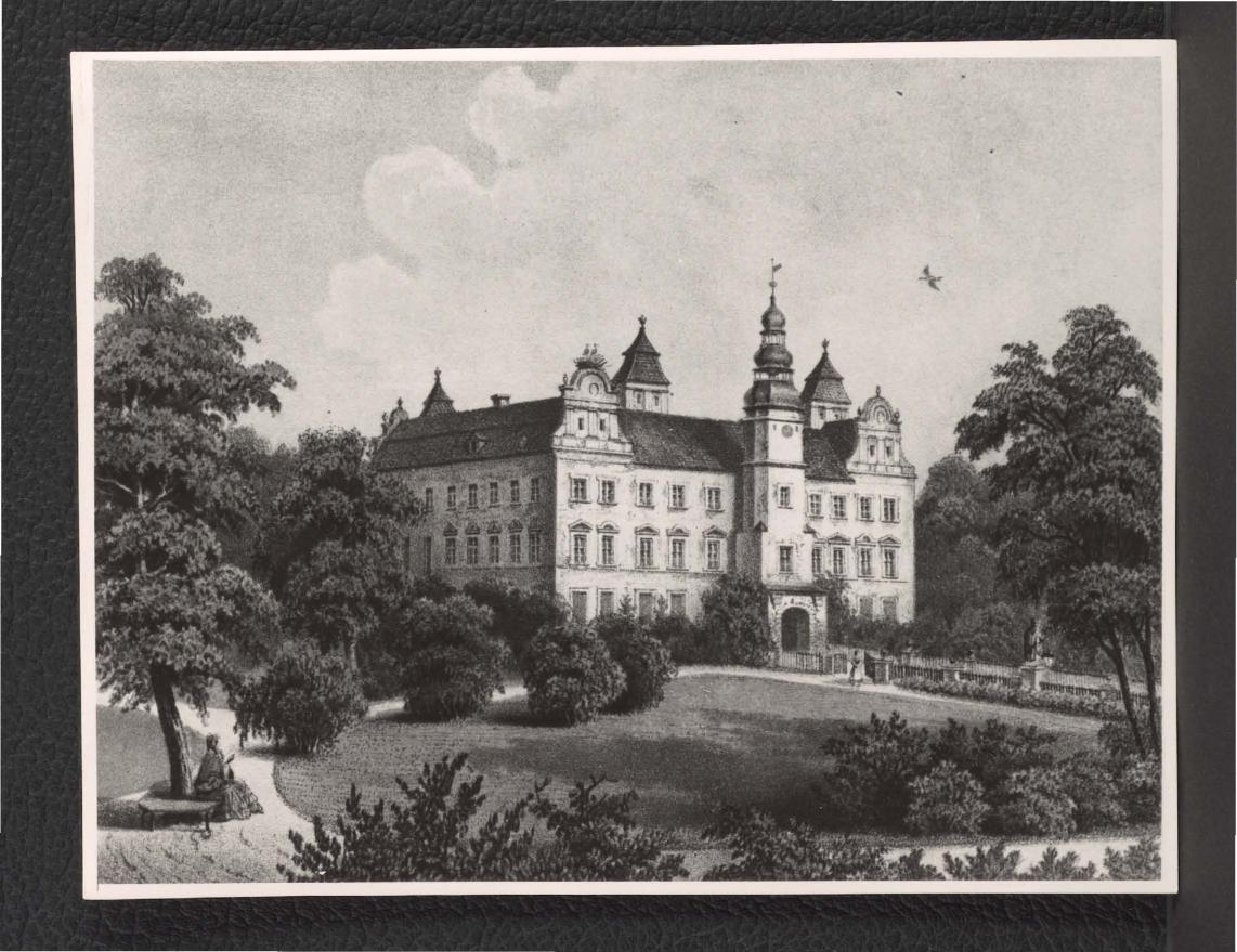 2 fotografie czarno-białe reprodukcji ryciny przedstawiającej miejscowy zamek oraz fragment miejscowego parku                                                                                , skan 1