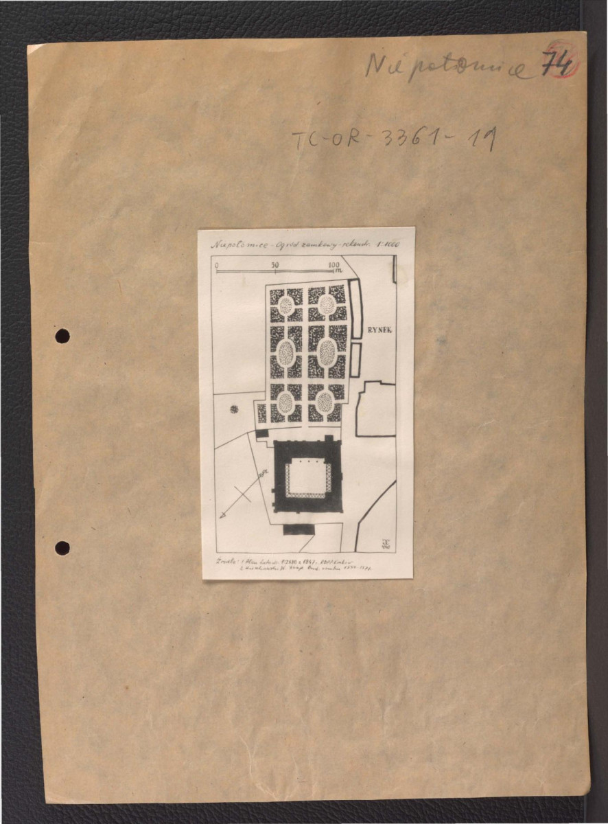 reprodukcja planu (1 : 1000) rekonstrukcji ogrodu zamkowego wykonanego przez G. Ciołka w 1948 r. na podstawie planu katastralnego (1 : 2880) z 1947 r. oraz Kieszkowski W., Dzieje budowy zamku w Niepołomicach za panowania Zygmunta Augusta (1550-1571) w: „Sprawozdanie z posiedzenia Towarzystwa Naukowego Warszawskiego” XXVIII (1935), skan 1