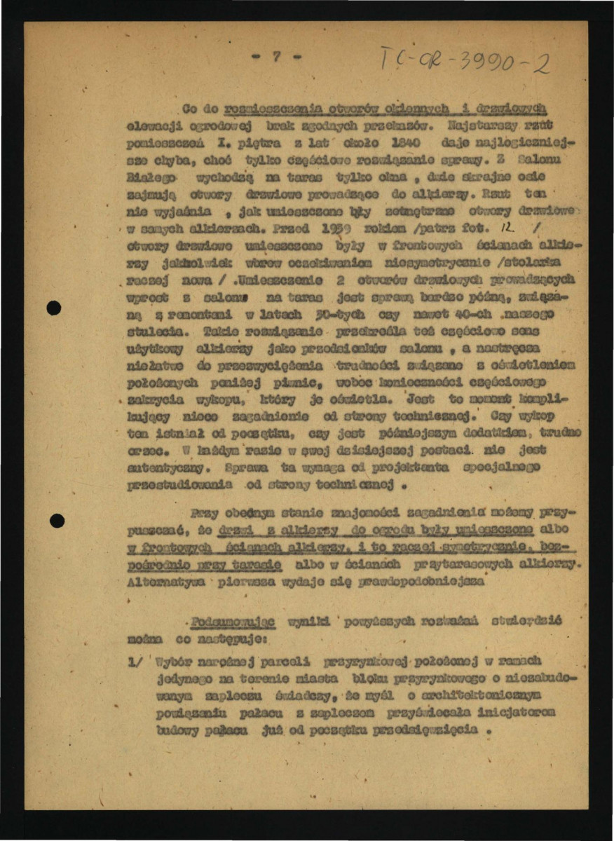 dokumentacja historyczna ogrodu o elewacji ogrodowej pałacu Działyńskich w poznaniu opracowana przez dr Annę Rogolenke i inżyniera Stanisława Jaszkowiaka przy wykorzystaniu materiałów autorstwa Zofii Kębłowskiej oraz Grażyny Wróblewskiej; pięć kart (brak karty 3) z 23 grudnia 1958 r. , skan 8