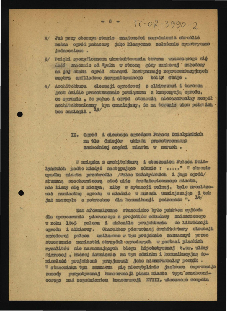 dokumentacja historyczna ogrodu o elewacji ogrodowej pałacu Działyńskich w poznaniu opracowana przez dr Annę Rogolenke i inżyniera Stanisława Jaszkowiaka przy wykorzystaniu materiałów autorstwa Zofii Kębłowskiej oraz Grażyny Wróblewskiej; pięć kart (brak karty 3) z 23 grudnia 1958 r. , skan 9