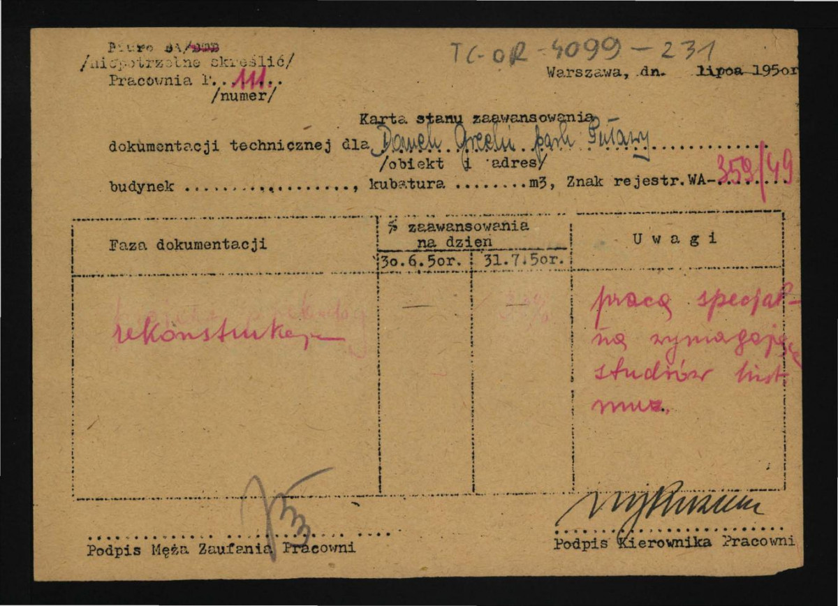 karta stanu zaawansowania dokumentacji technicznej z lipca 1950 r. dotyczący Domku Greckiego , skan 1