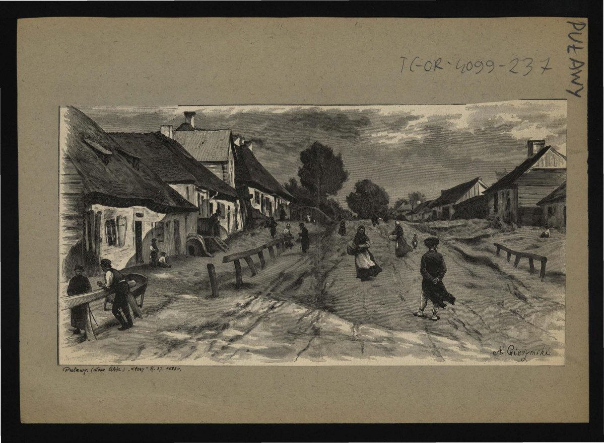 dwa wycinki z „Kłosy” r. 37 (1883) zawierający reprodukcje ryciny autorstwa A. Gierymskiego przedstawiającej miejscową ulicę w kierunku Dęblina , skan 3