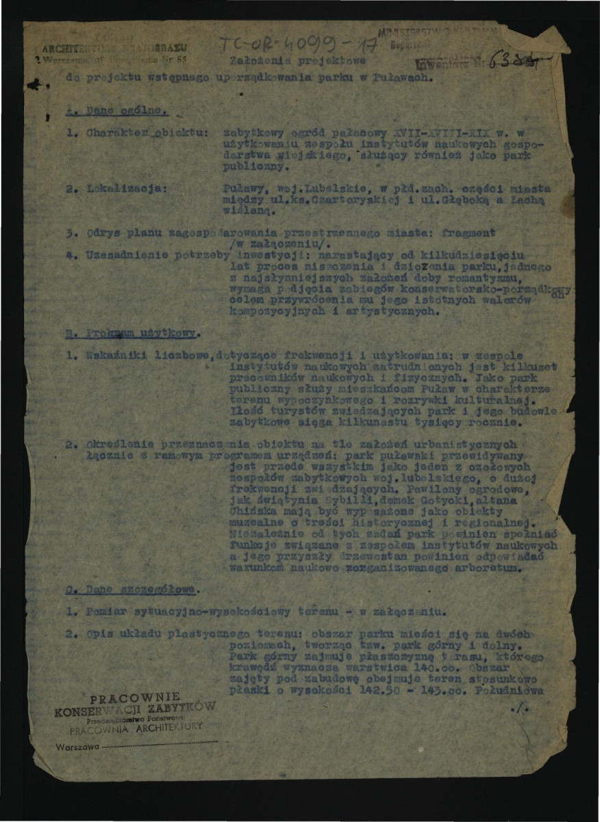 założenia projektowe do projektu wstępnego uporządkowania parku w tej miejscowości; dane ogólne, program użytkowy, dane szczgółowe, dane o kosztach budowy; trzy karty , skan 1
