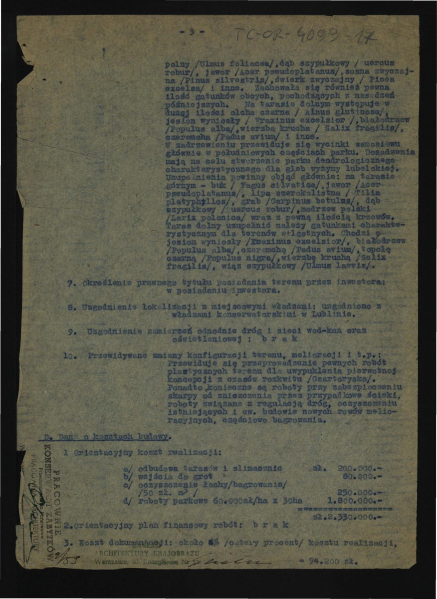 założenia projektowe do projektu wstępnego uporządkowania parku w tej miejscowości; dane ogólne, program użytkowy, dane szczgółowe, dane o kosztach budowy; trzy karty , skan 3