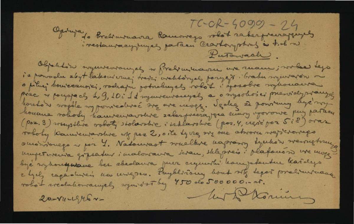 opinia do Preliminarza Ramowego robót zabezpieczających i restauracyjnych pałacu Czartoryskich w w tej miejscowości z 20 lipca 1946 r. , skan 1