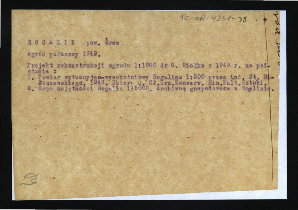 opis projektu rekonstrukcji ogrodu (1 : 1000) opracowany przez G. Ciołka w 1949 r. , skan 1