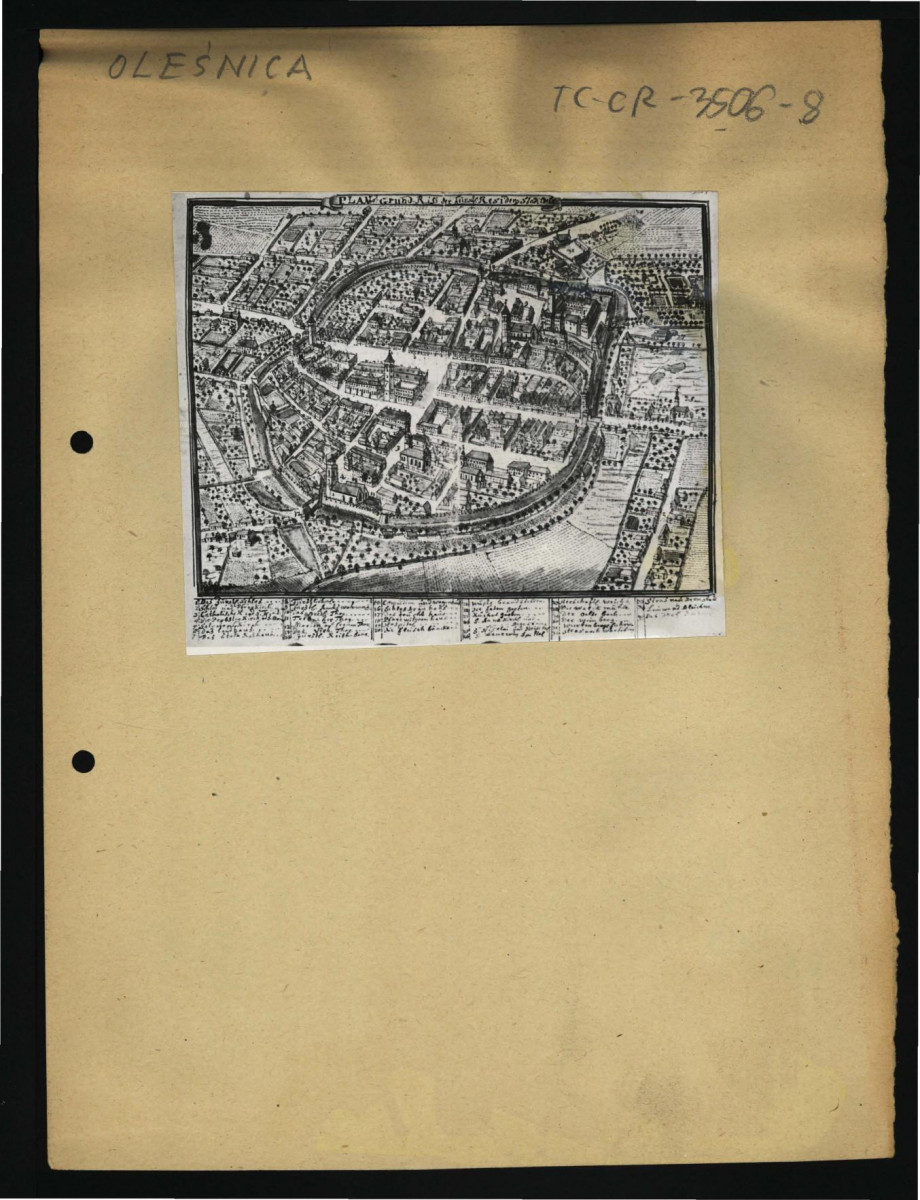 2 fotografie czarno-białe reprodukcji ryciny z Wernher F.B., Topografia Śląska, 1744-1768 przedstawiający widok na miasto z lotu ptaka, skan 1