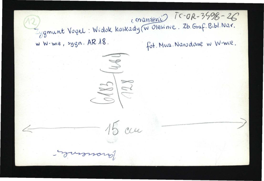 fotografia czarno-biała reprodukcji ryciny autorstwa Zygmunta Vogla przedstawiającej widok kaskady i menażerii w tej miejscowości; ze zbiorów Biblioteki Narodowej w Warszawie, skan 2