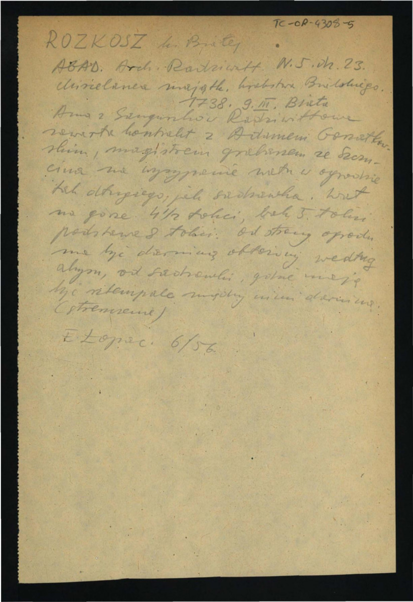wypis z AGAD Archiwum Radziwiłłów N.5 dz. 23 z 9 marca 1738 r. dotyczący miejscowego ogrodu; dwie karty, skan 1