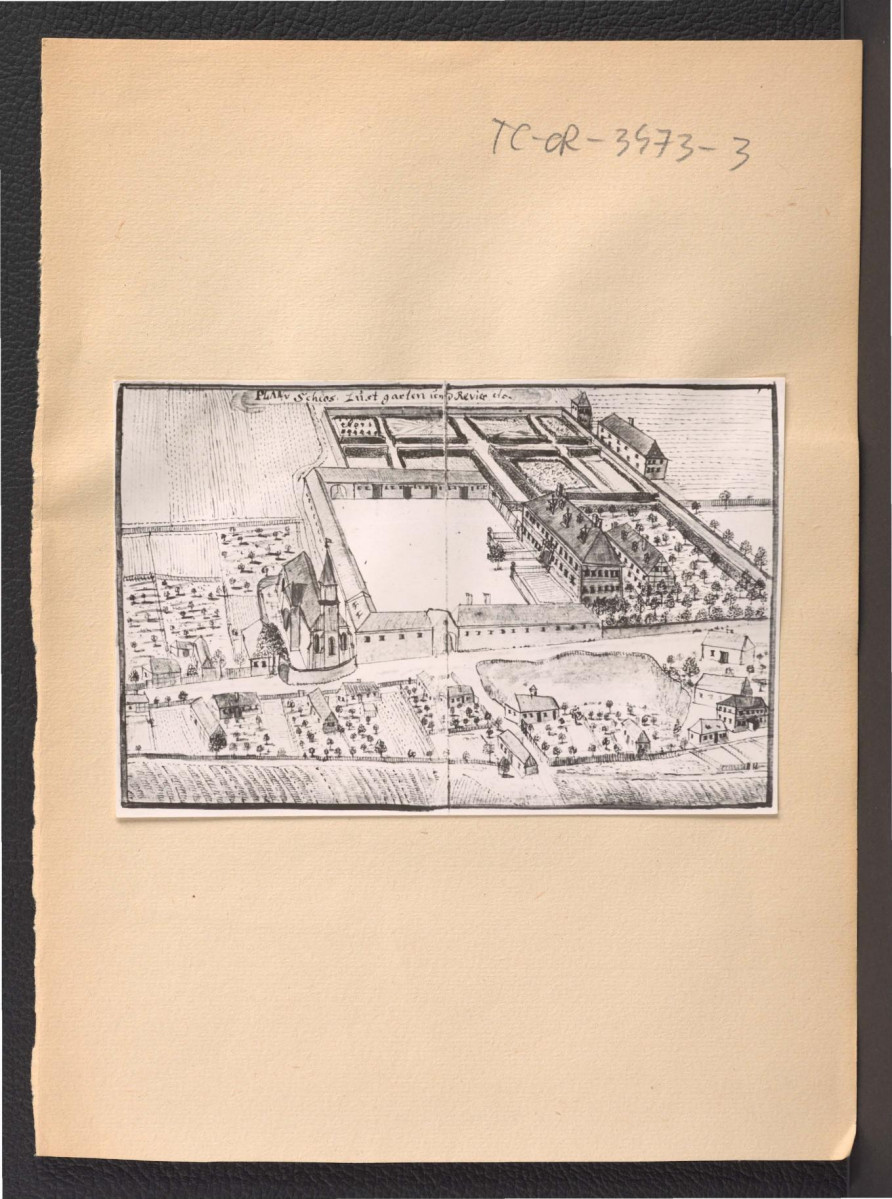 fotografia czarno-biała reprodukcji ryciny przedstawiającej posesję w tej miejscowości widoczną lotu ptaka - Wernher F.B., Topografia Śląska, 1744-1768                    , skan 1