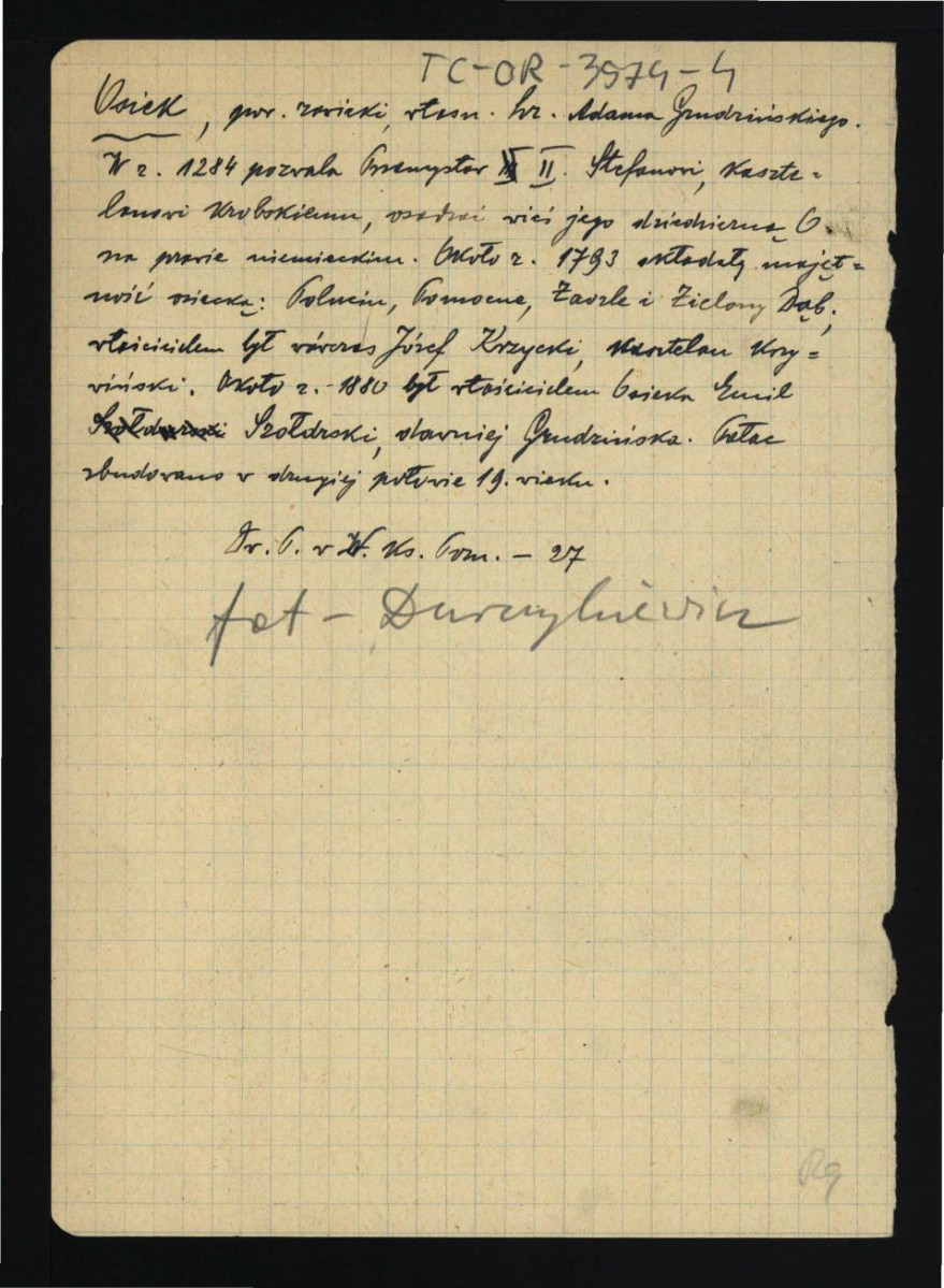 wypis z Durczykiewicz L., Dwory polskie w Wielkim Księstwie Poznańskim, Poznań 1912, s. 27 dotyczący dziejów w tej miejscowości od schyłku XIII w. , skan 1