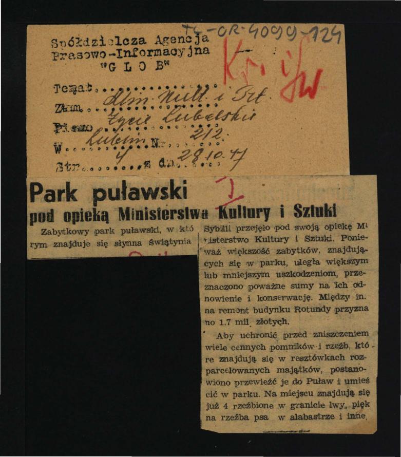 wycinek z czasopisma „Życie Lubelskie” nr 212 z 28 października 1977 r. zawierający tekst pt. Park puławki pod opieką Ministerstwa Kultury i Sztuki , skan 1