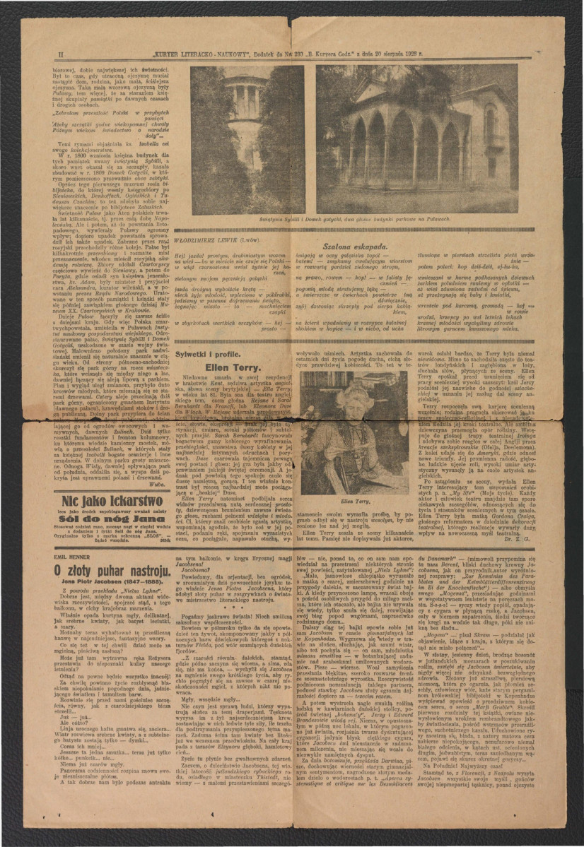 karta z „Kuryera Literacko-Naukowego”, dodatku do „Ilustrowanego Kuryera Codziennego” nr 34 z 20 sierpnia 1928 r. zawierająca artykuł dotyczący miejscowej rezydencji , skan 2