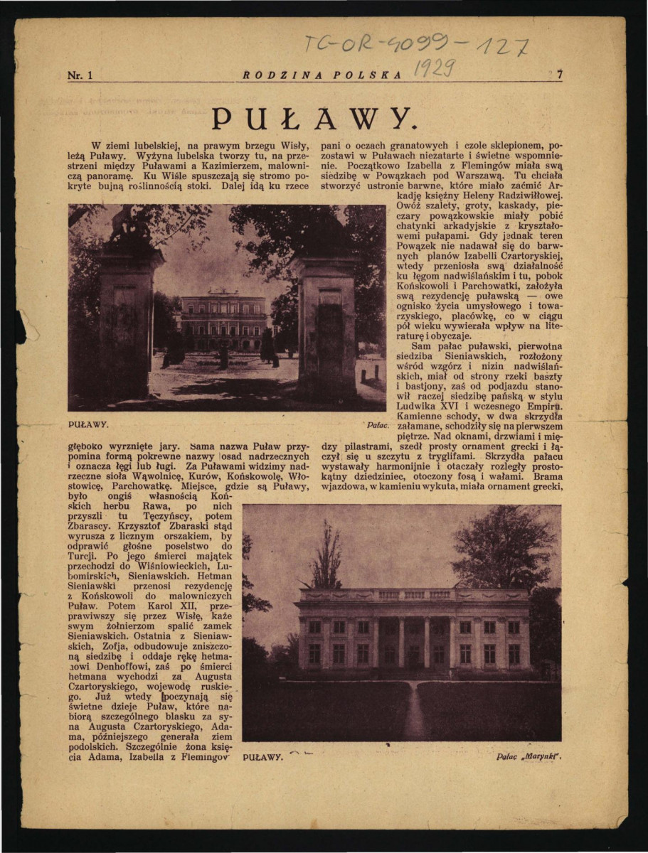 2 karty z czasopisma „Rodzina Polska” z 1929 r. (s. 7-10) zawierający artykuł autorstwa Antoniego Urbańskiego pt. Puławy                                  , skan 1