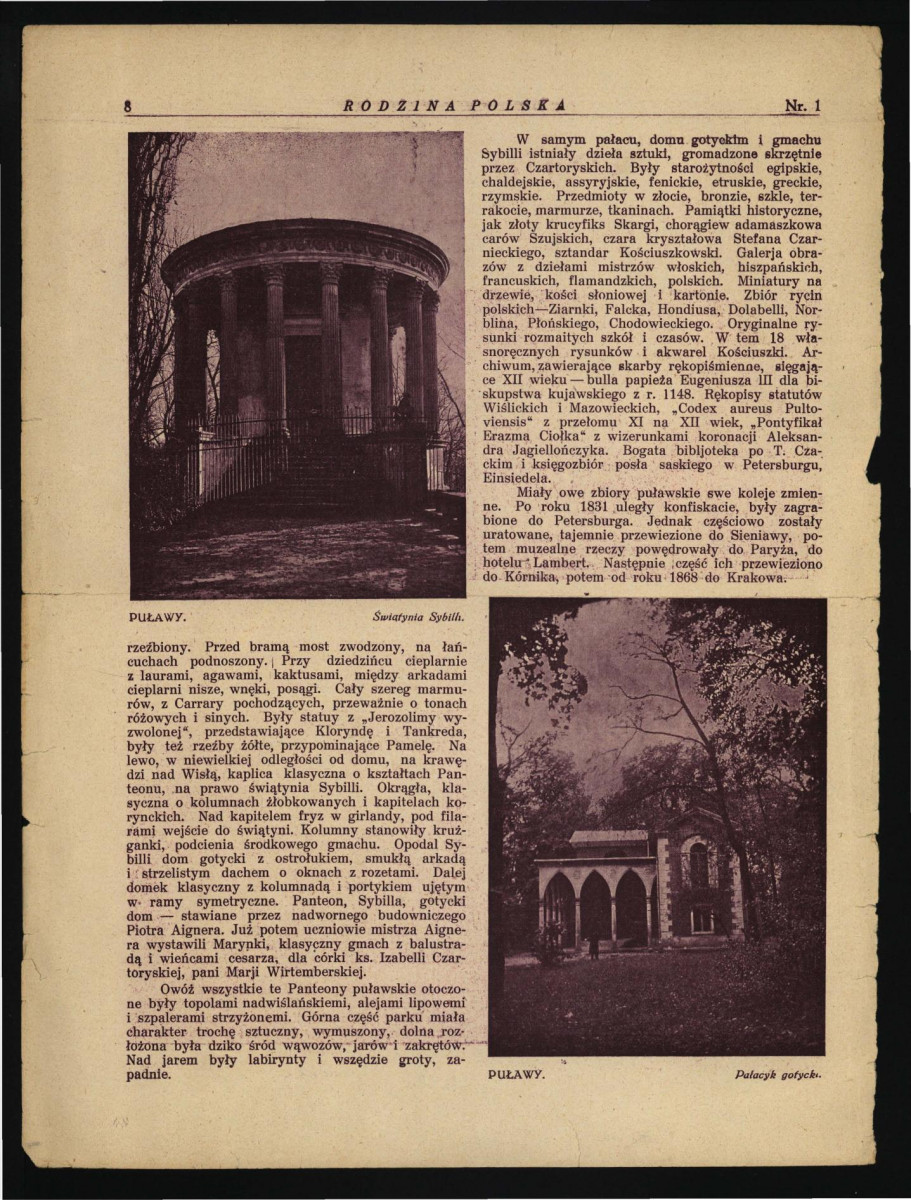 2 karty z czasopisma „Rodzina Polska” z 1929 r. (s. 7-10) zawierający artykuł autorstwa Antoniego Urbańskiego pt. Puławy                                  , skan 2