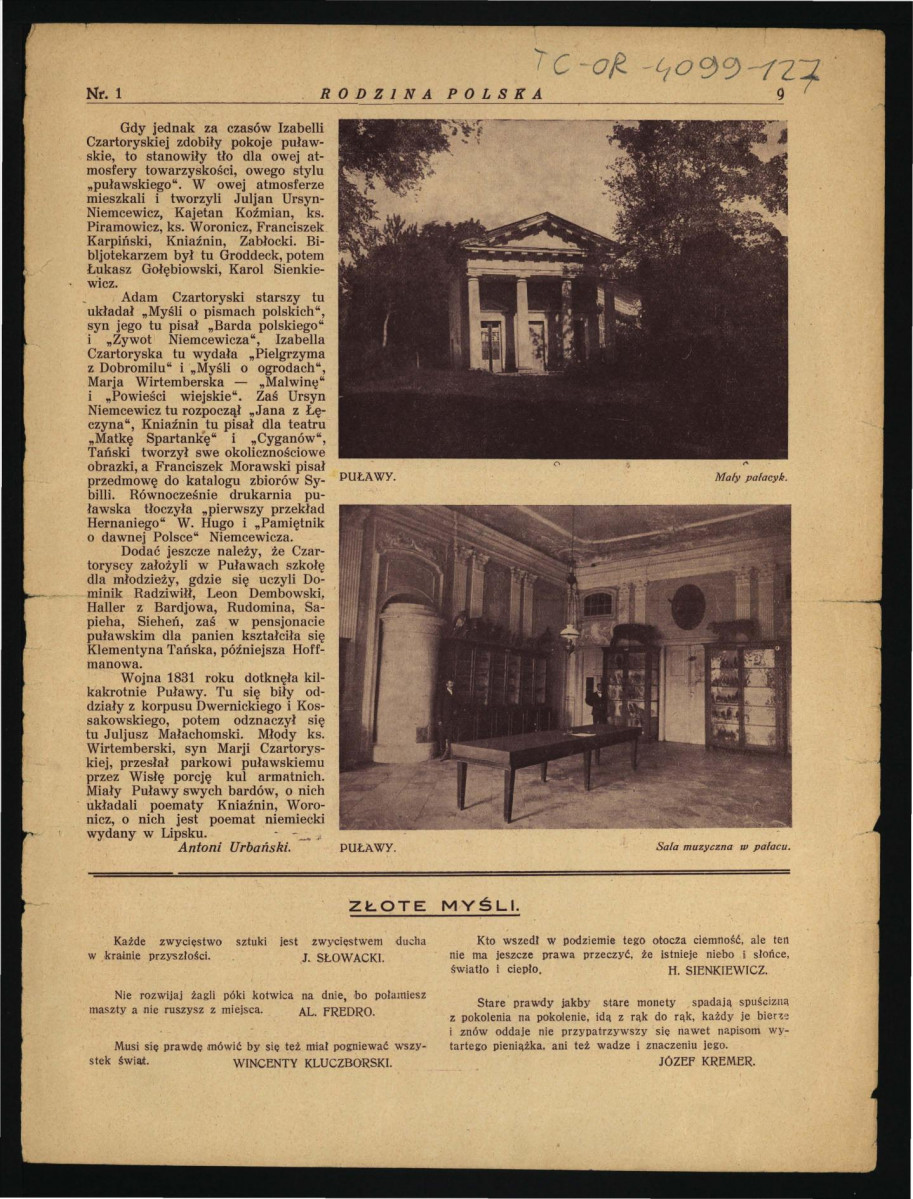 2 karty z czasopisma „Rodzina Polska” z 1929 r. (s. 7-10) zawierający artykuł autorstwa Antoniego Urbańskiego pt. Puławy                                  , skan 3