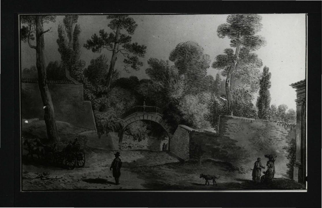 2 fotografie czarno-białe reprodukcji ryciny autorstwa P. Norblina przedstawiającej obustronny widok mostu nad tzw. Głęboką Drogą , skan 1