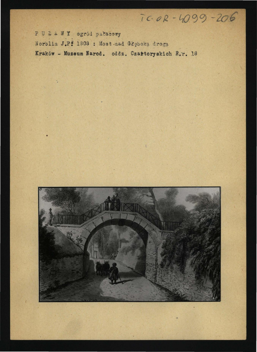 2 fotografie czarno-białe reprodukcji ryciny autorstwa P. Norblina przedstawiającej obustronny widok mostu nad tzw. Głęboką Drogą , skan 3