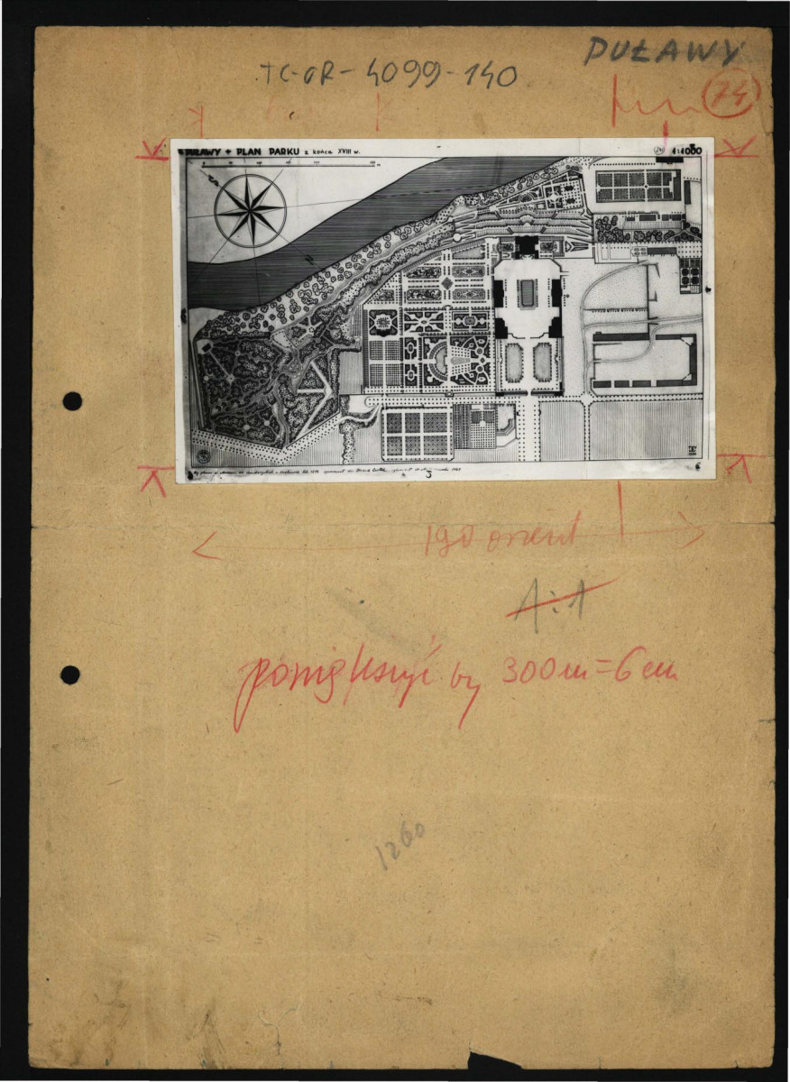 fotografia czarno-biała przedstawiająca plan ogrodu w tej miejscowości sporządzonego przez G. Ciołka w 1949 r. na podstawie XVIII-wiecznych przekazów, skan 1