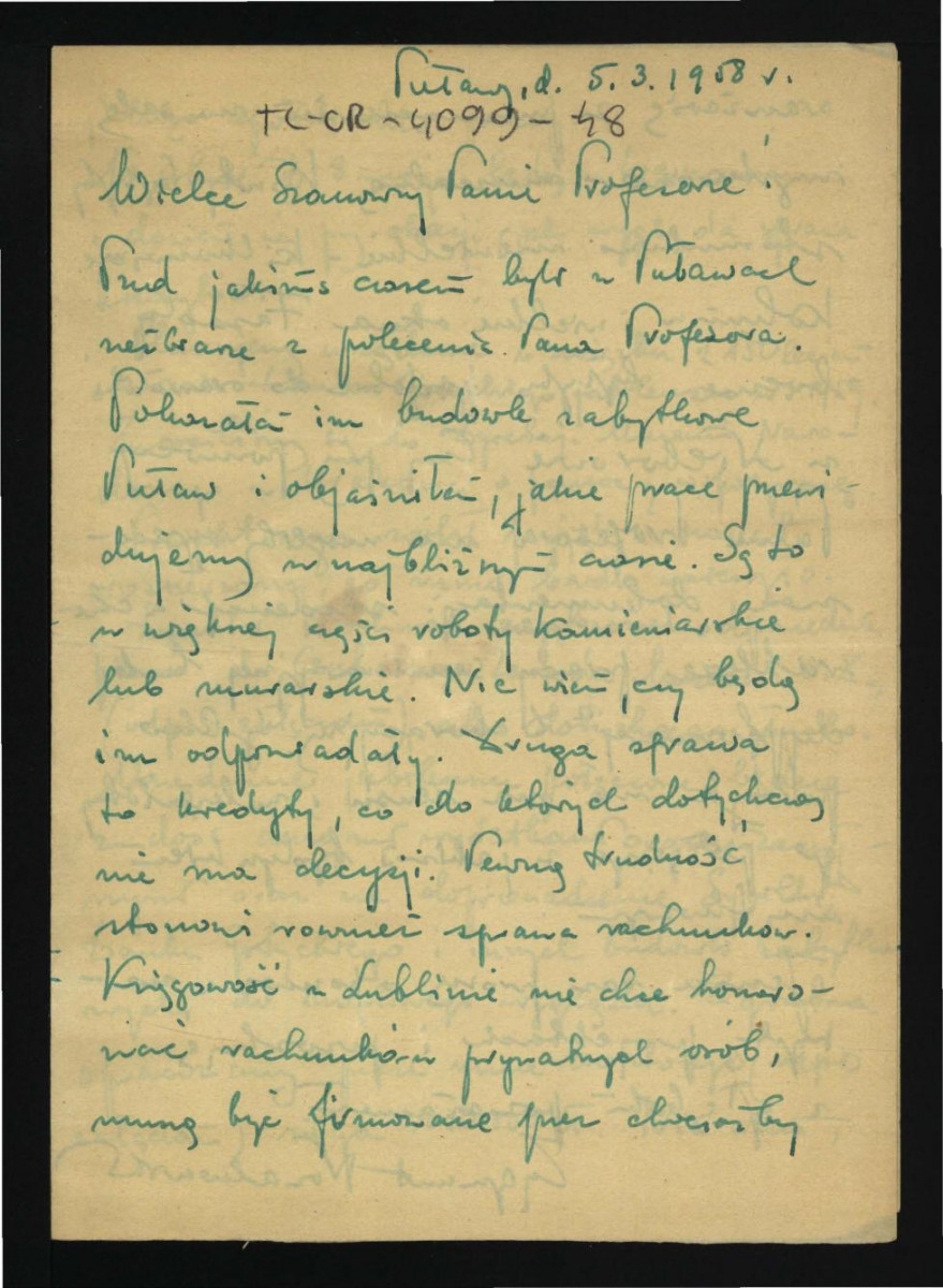 list Zygmunta Nowakowskiego z 5 marca 1958 r. do G. Ciołka dotyczący wizji lokalnej w tej miejscowości oraz charaketru tamtejszych prac renowacyjnych; wzmianka o braku decyzji co do kredytów miniesterialnych; dwie karty , skan 1
