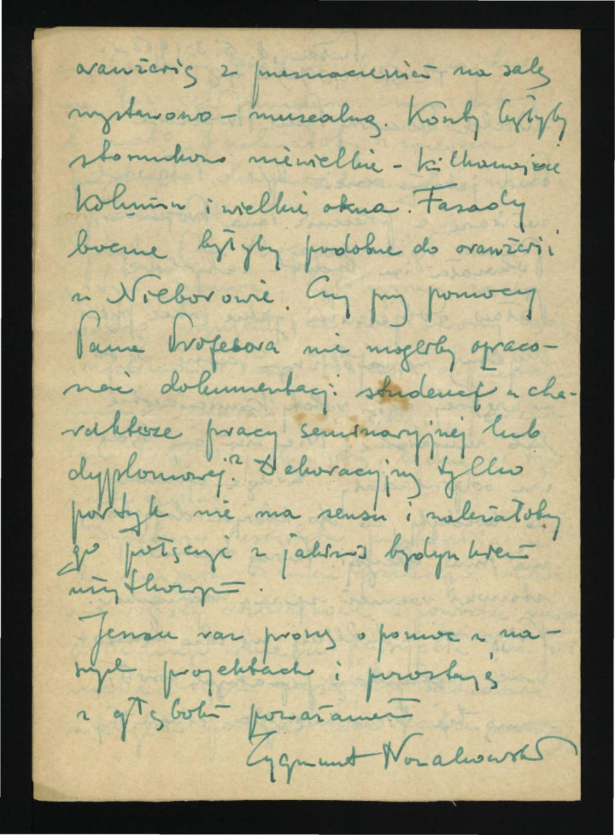 list Zygmunta Nowakowskiego z 5 marca 1958 r. do G. Ciołka dotyczący wizji lokalnej w tej miejscowości oraz charaketru tamtejszych prac renowacyjnych; wzmianka o braku decyzji co do kredytów miniesterialnych; dwie karty , skan 2