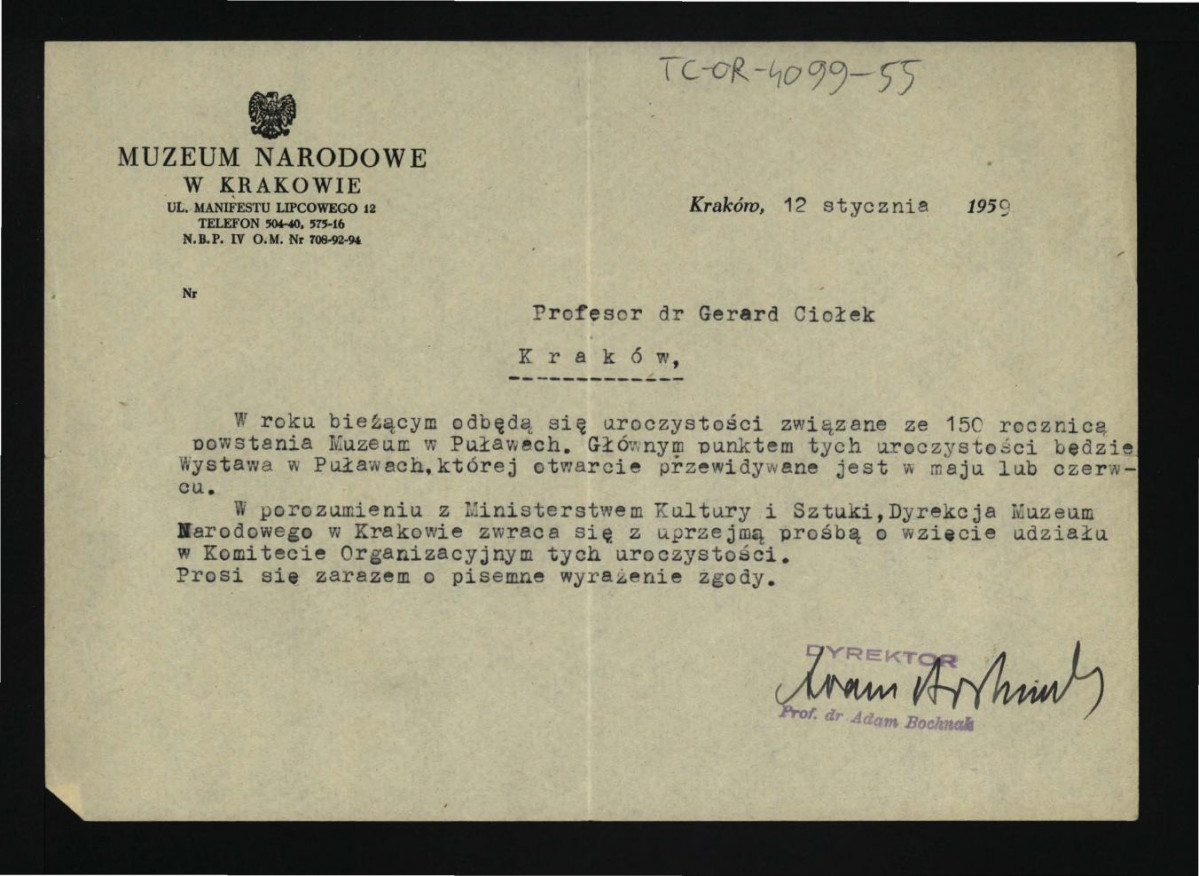 zaproszenie z 12 stycznia 1959 r. dla G. Ciołka od Adama Bochnaka, dyrektora Muzeum Narodowego w Krakowie dotyczące udziału w pracach Komitetu Organizacyjnego odbchodów 150 rocznicy istnienia muzeum w tej miejscowości , skan 1