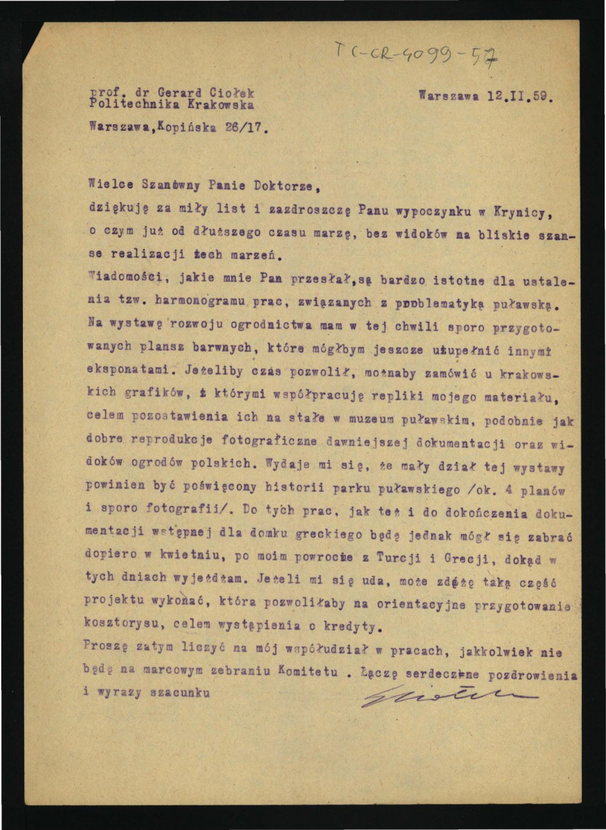 list G. Ciołka z 12 lutego 1959 r. do Zygmunta Nowakowskiego dotyczący wystawy rozwoju ogrodnictwa , skan 1
