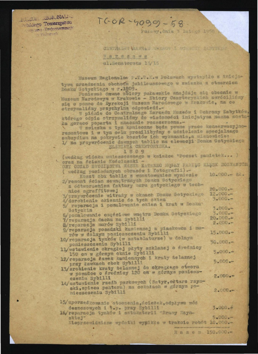 list Zygmunta Nowakowskiego do G. Ciołka z 3 lutego 1958 r. dotyczący otwarcia domku gotyckiego, skan 1