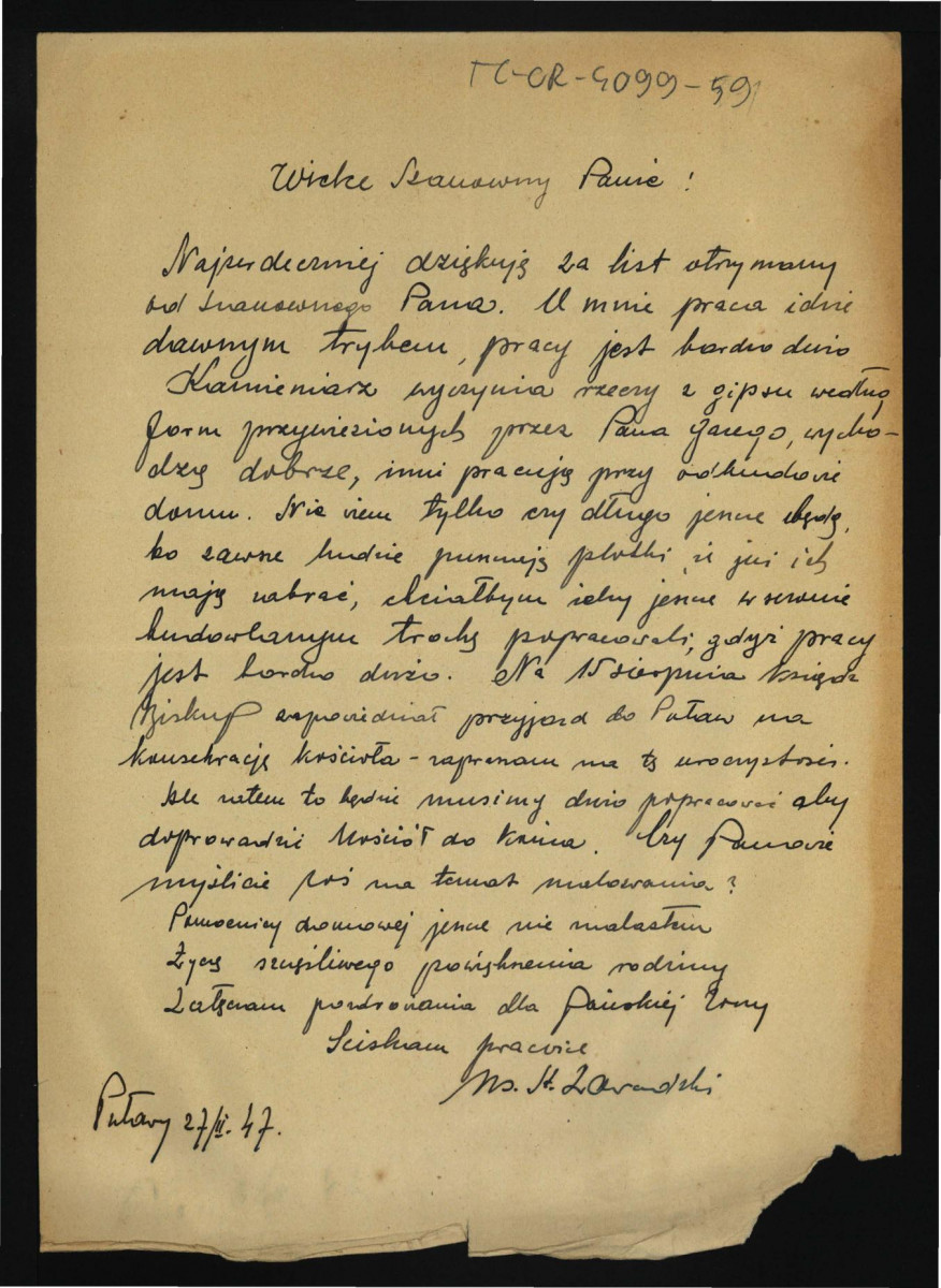 list księdza Stanisława Zawadzkiego do G. Ciołka z 27 lutego 1947 r. dotyczący pozostawienia ludzi do pracy, skan 1