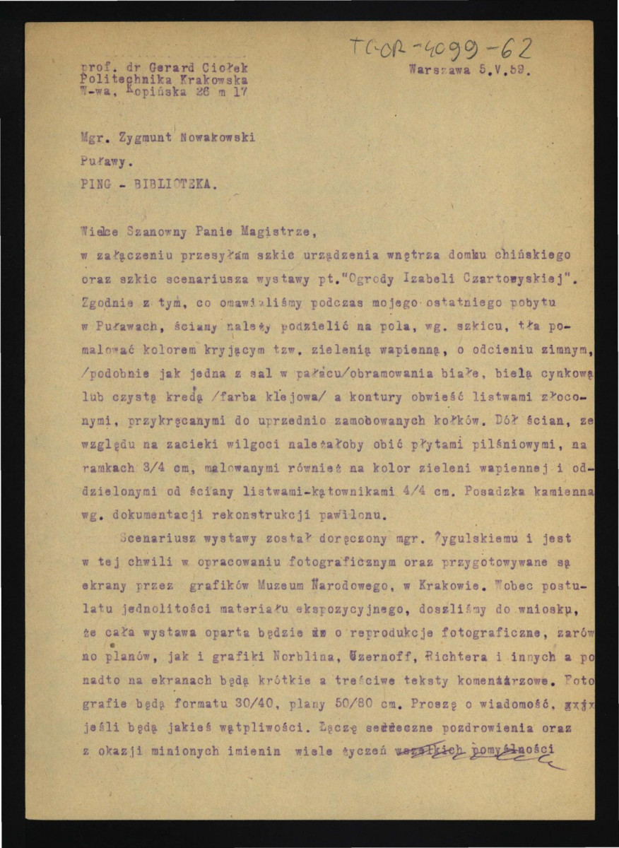 list do Zygmunta Nowakowskiego z 5 maja 1959 r. zawiadamiający o przesłaniu szkicu urządzenia wnętrza Domku Chińskiego oraz szkicu scenariusza wystawy „Ogrody Izabelli Czartoryskiej” , skan 1
