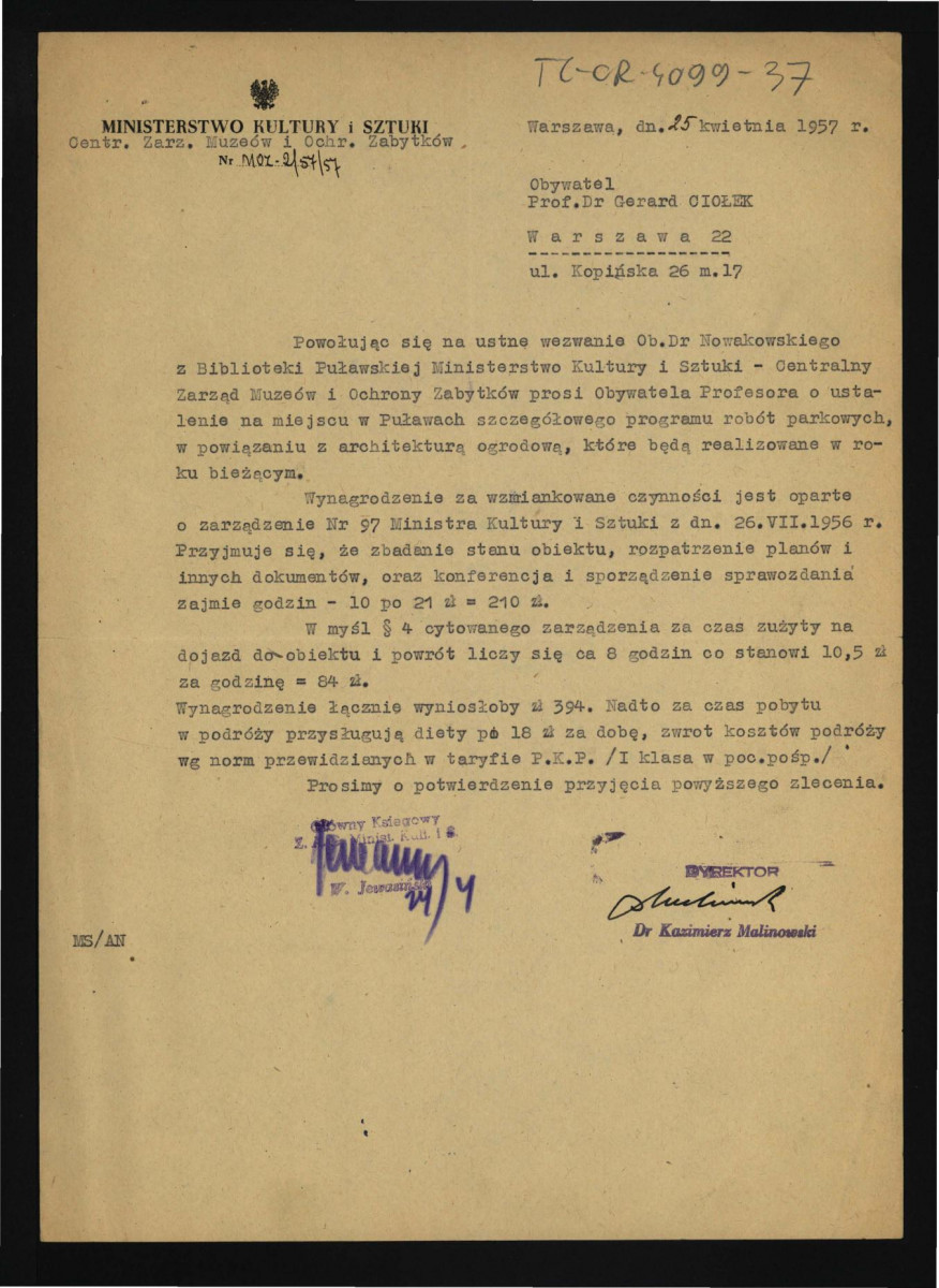 prośba skierowana przez dyrektora Kazimierza Malinowskiego z Centralnego Zarządu Muzeów i Ochrony Zabytków z 25 kwietnia 1957 r. do G. Ciołka o ustalenie szczegółowego programu robót parkowych na bieżący rok , skan 1