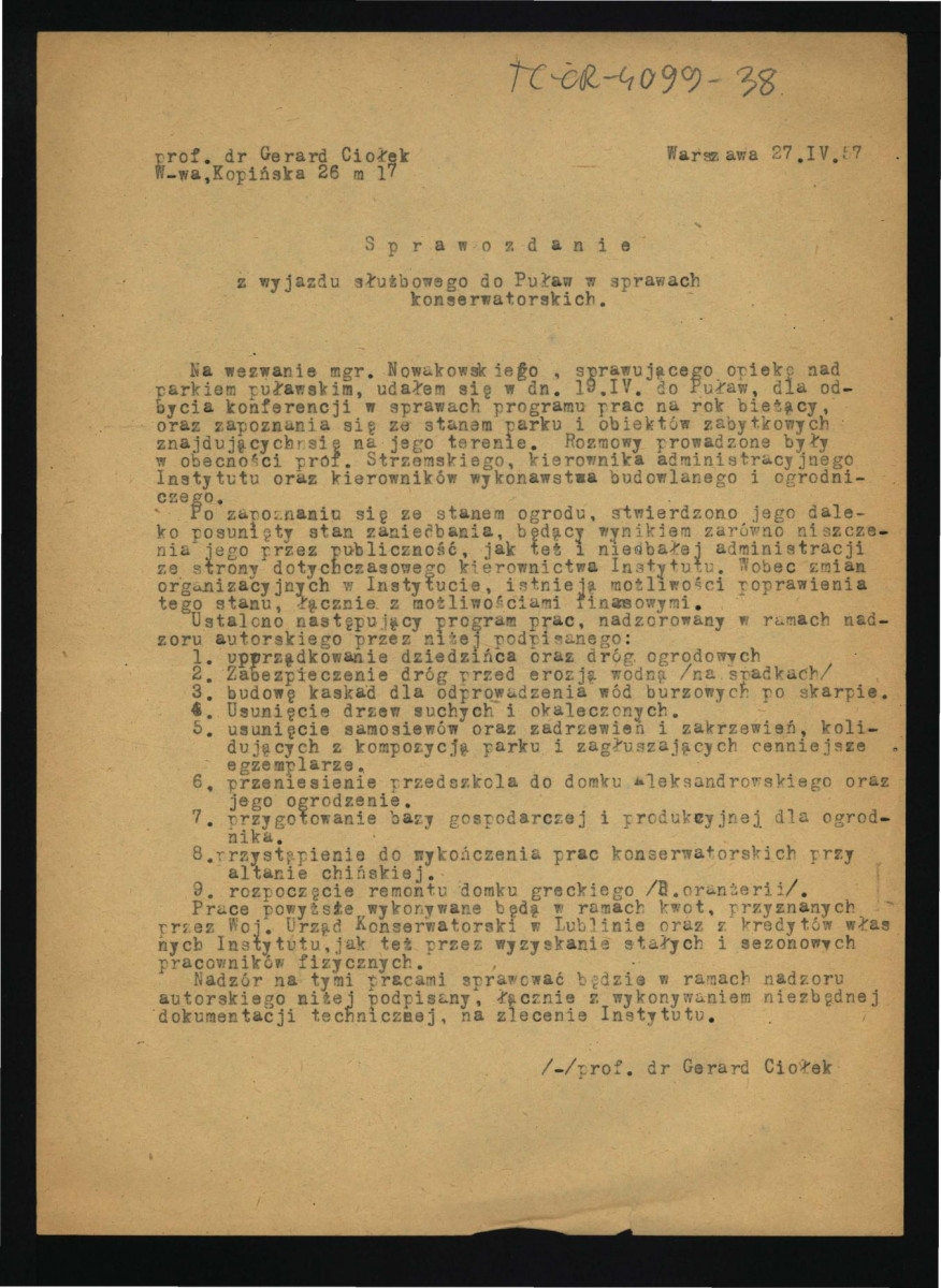 sprawozdanie z wyjazdy służbowego do tej miejscowości w sprawach konserwatorskich z 27 kwietnia 1957 r. , skan 1
