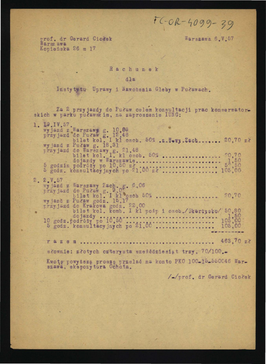 kopiał rachunku dla Instytuti Uprawy i Nawożenia Gleby w tej miejscowości sporządzony przez G. Ciołka 6 maja 1957 r., skan 1