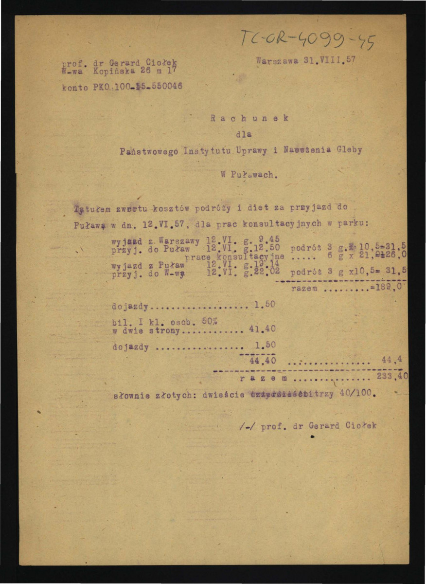 rachunek z 31 maja 1957 r. dla Państwowoego Instytutu Uprawy i Nawożenia Gleby w tej miejscowości za opracowanie projektu techniczno-roboczego warz z opisem robót zabezpieczenia i stabilizacji muru oporowego przy Świątynii Sybilli w miejscowym parku z 31 sierpnia 1957 r.; dwie karty , skan 2