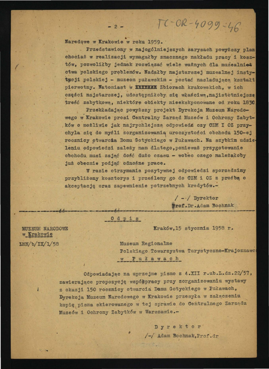 projekt obchodów uroczystości z okazji 150 rocznicy wzniesienia Domku Gotyckiego w tej miejscowości z 15 stycznia 1958 r.; dwie karty , skan 2