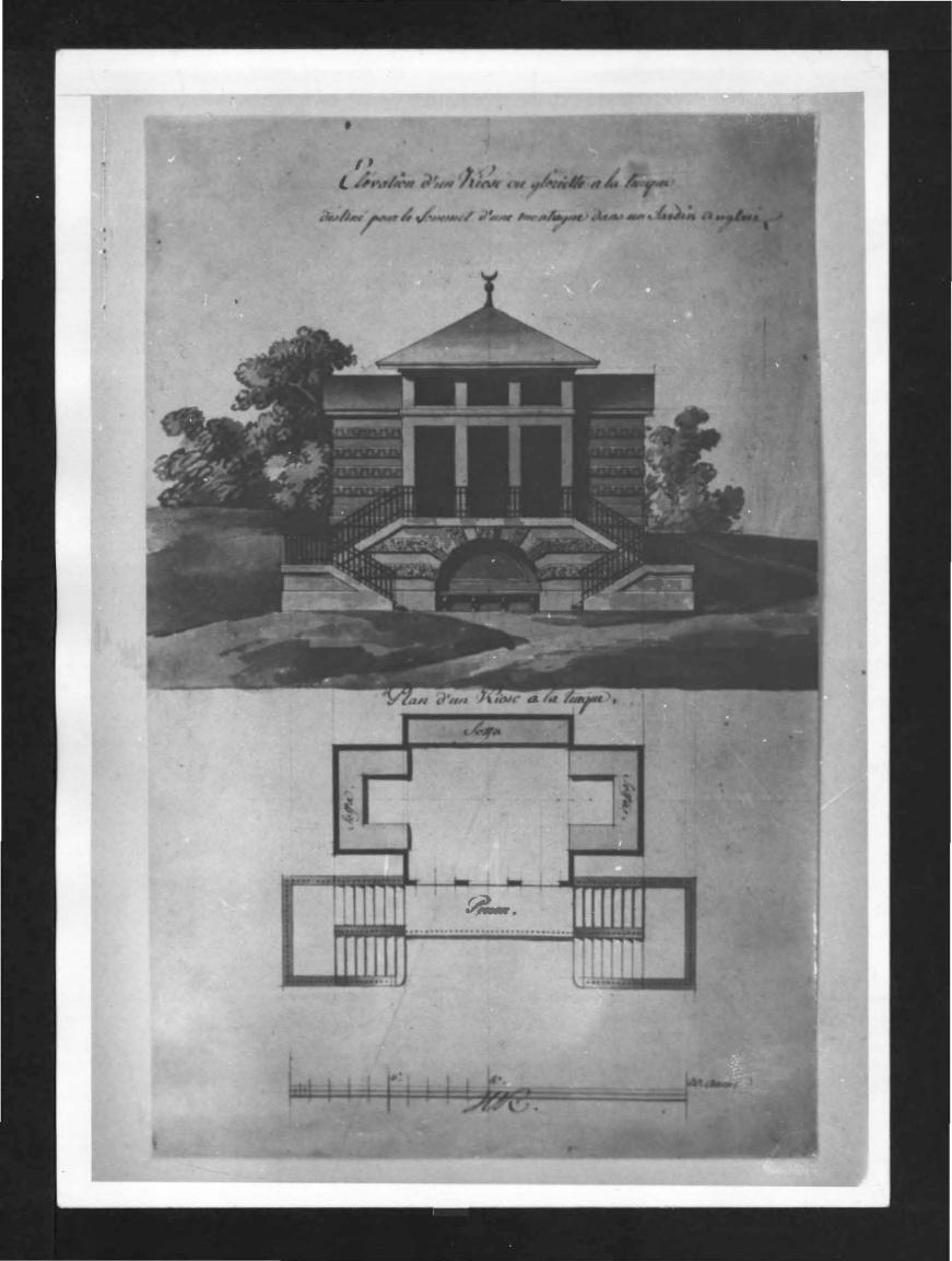 2 fotografie czarno-białe przedstawiające projekt tzw. kiosku tureckiego zaprojektowanego przez J.C. Kamsetora, reprodukowany przez A. Łotysza; dwie karty, skan 1