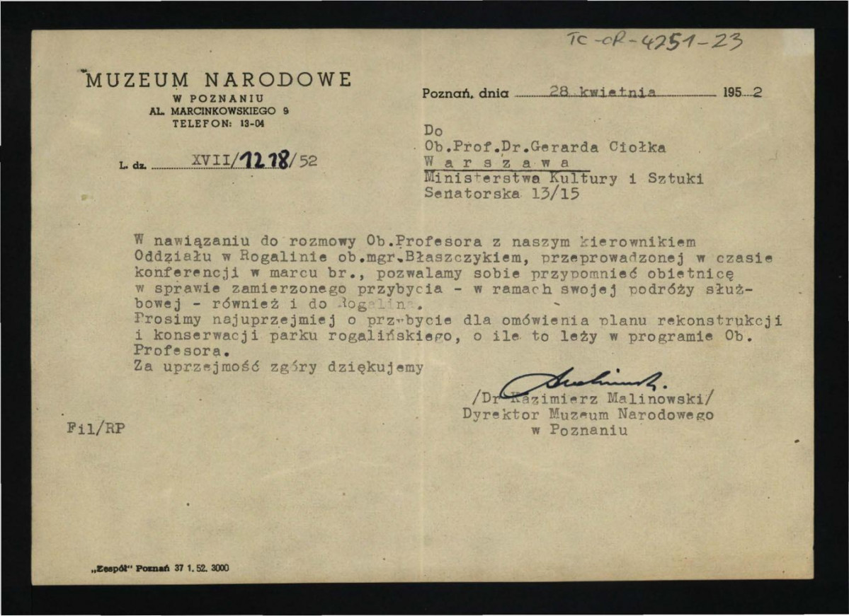 prośba z 28 kwietnia 1952 r. o przybycie do w tej miejscowości G. Ciołka , skan 1