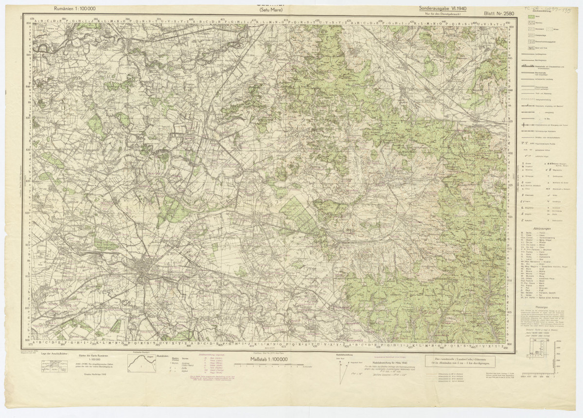 niemieckojęzyczna, trójbarwna mapa pogranicza pomiędzy Rumunią i Węgrami (1:10000); rysunki robocze ni edzy innymi mostu, skan 1