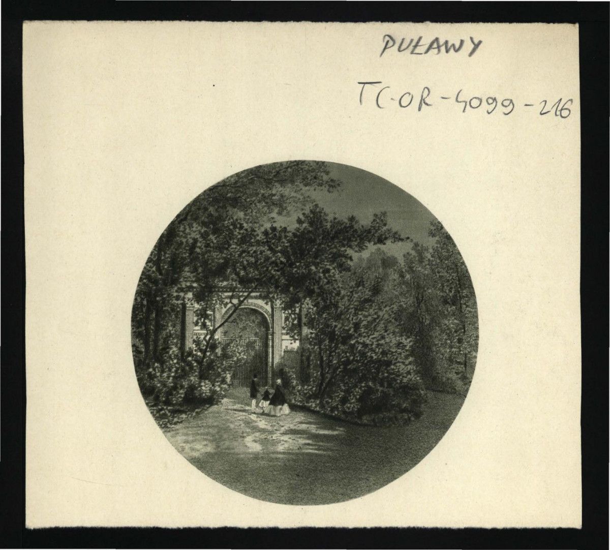 fragment karty pochodzącej z Ciołek G., Ogrody polskie, Warszawa 1954, s. 160 przedstawiającej reprodukcje litografii ukazującą miejscowy łuk rzymki w tej miejscowości         , skan 1
