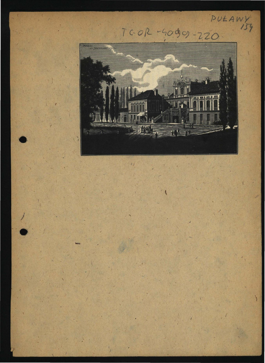 wycinek z publikacji tematycznej zawierającej reproducje ryciny z 1909 r. przedstawiającej elewację frontową miejscowego pałacu , skan 1