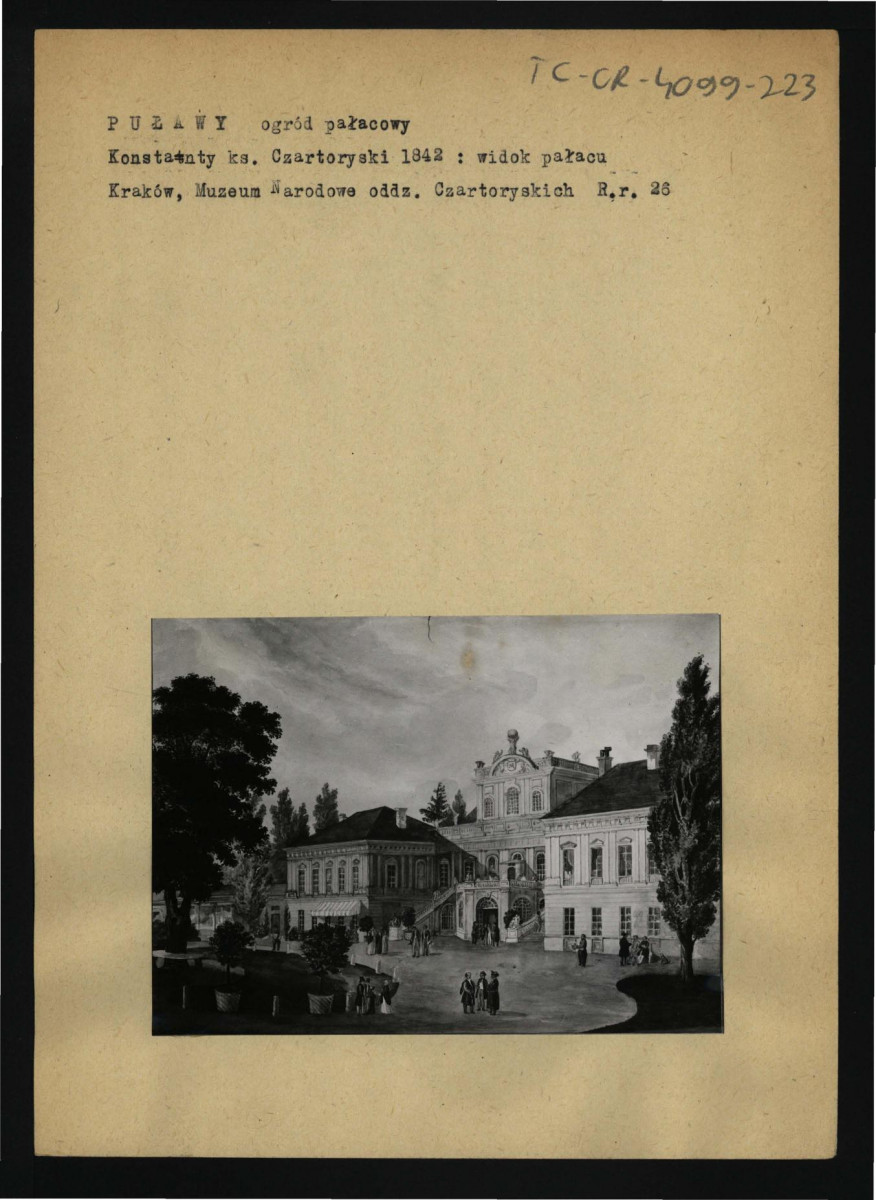 2 fotografie czarno-białe reprodukcji ryciny przedstawiającej plac przed miejscowym pałacem, skan 1