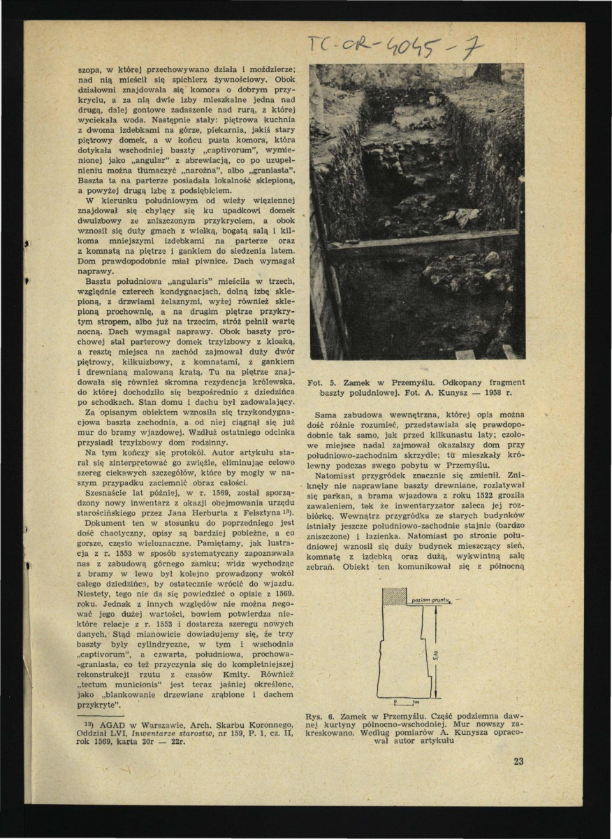 karta z czasopisma tematycznego zawierająca fragment tekstu dotyczący miejscowego zamku; zawiera reprodokcje fotografii oraz rysunku według pomiaru A. Kunysza         , skan 1