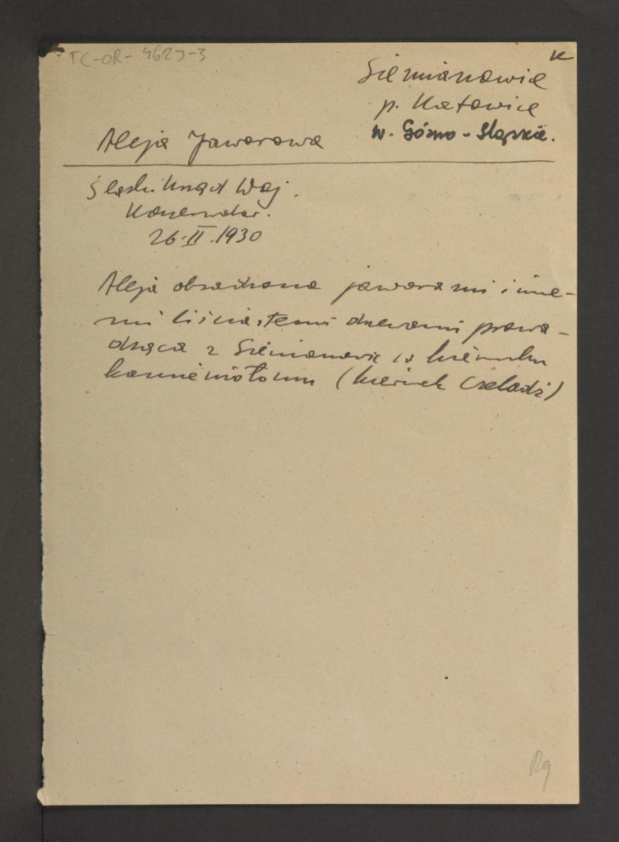 wypis z zasoby Śląskiego Urzędu Wojewódzkiego Konserwatora Zabytków z 26 lutego 1930 r. dotyczący drzewostanu w miejscowym parku, skan 1