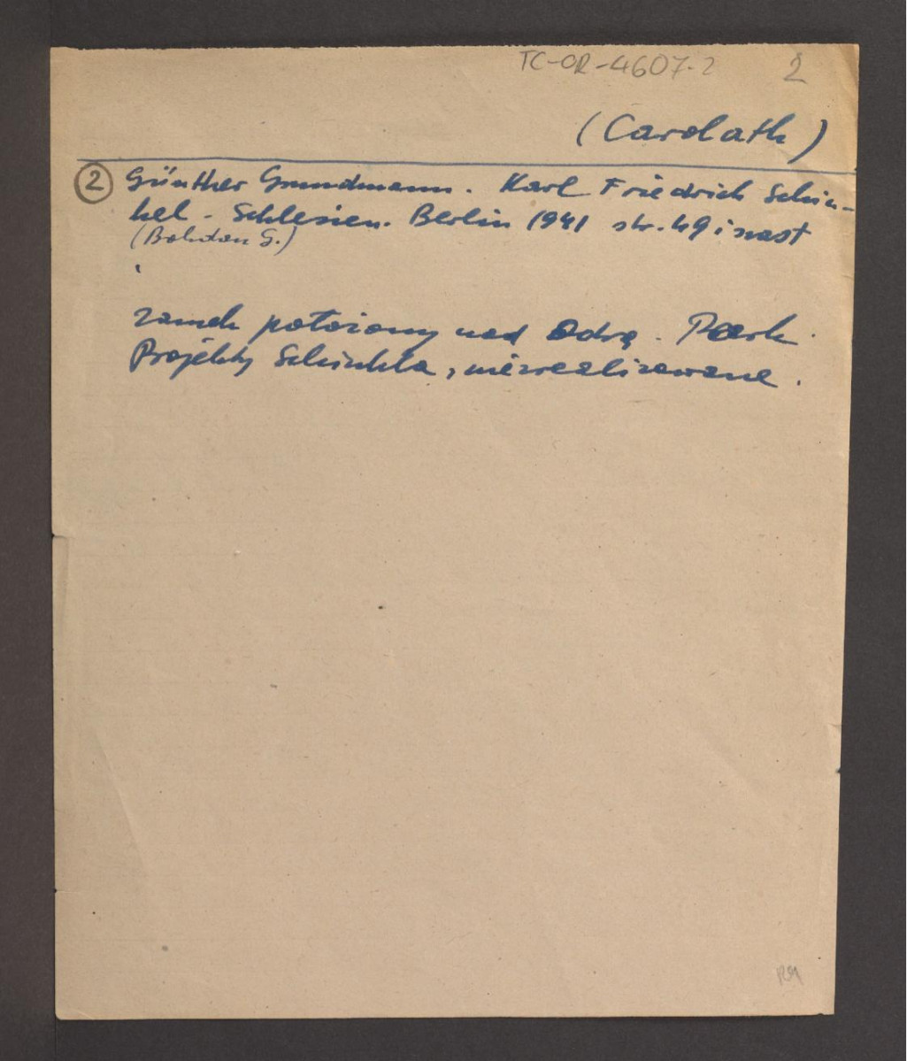 wypis z Günther Gundnaum, Karl Friedrich Schmidt, Schlesien, Berlin 1941, s. 49 i kolejne wzmiankujący zamek usytuowany nad Odrą oraz niezrealizowany projekt parku autorstwa Schinkla , skan 1