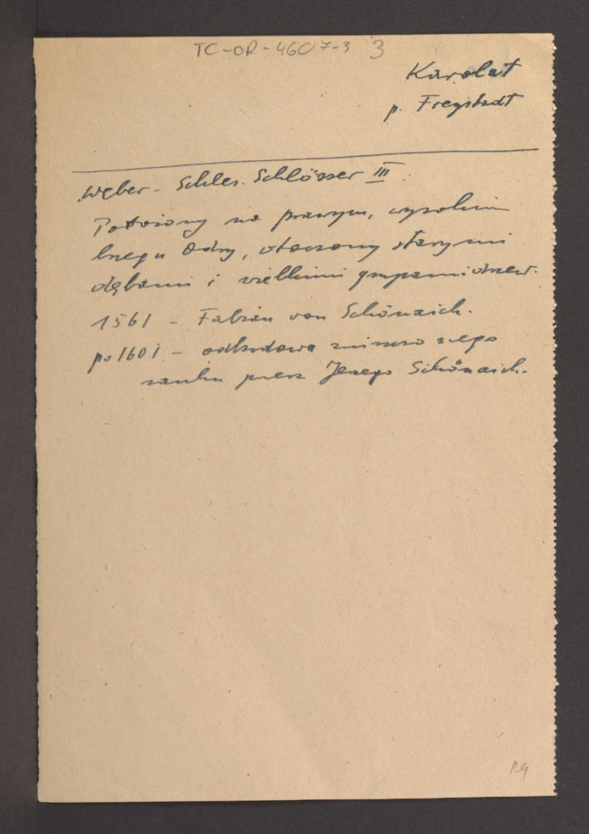 wypis z Weber R., Schlesische Schloesser, t. III, Drezno-Wrocław 1909 wzmiankujący usytuowanie miejscowej posesji na prawym brzegu Odry oraz tamtejszego drzewostanu, a także przynależności do rodziny Schönaich, skan 1