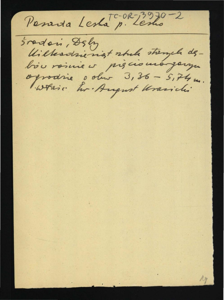 wypis z Środoń A., Inwentarz zabytkowych dębów w Polsce w: „Ochrona Przyrody”, R. 14 (1934) dotyczący kilkudziesięciu wiekowych dębów w miejscowym ogrodzie należącym do hr. Augusta Krasickiego , skan 1